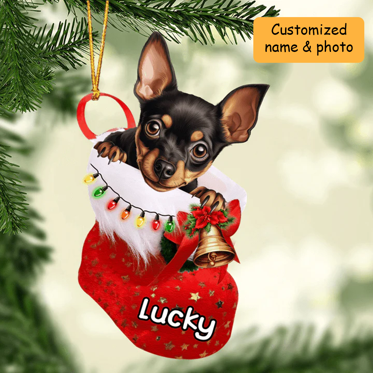 Customized Miniature Pinscher Dog In Christmas Stocking Acrylic Ornament, Christmas Gifts Ornament for Dog Lover