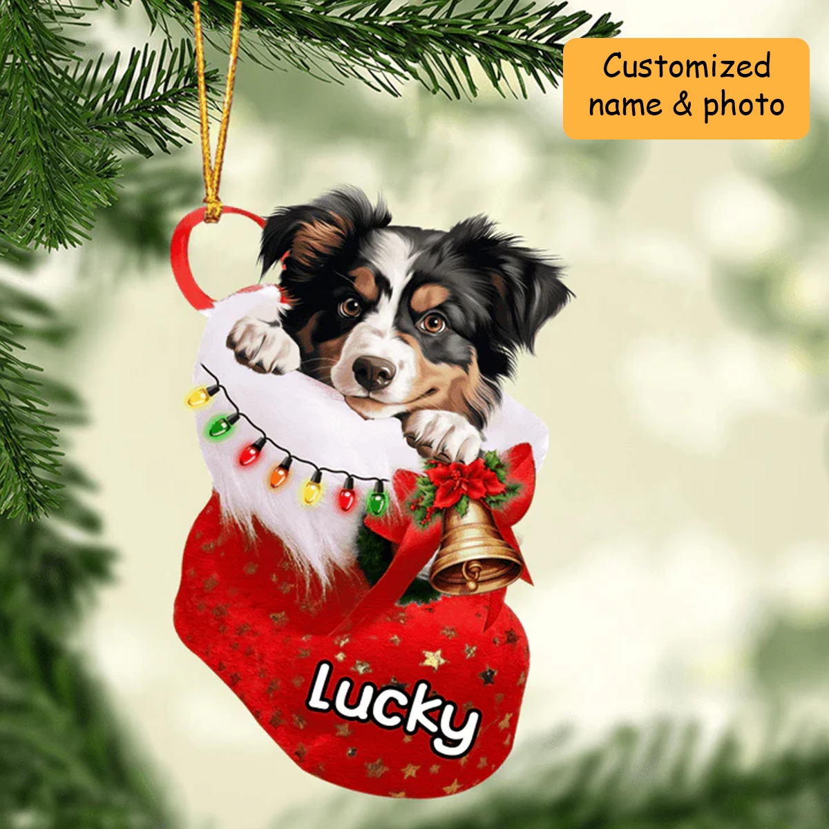 Customized Miniature American Shepherd Dog In Christmas Stocking Acrylic Ornament, Christmas Gifts Ornament for Dog Lover