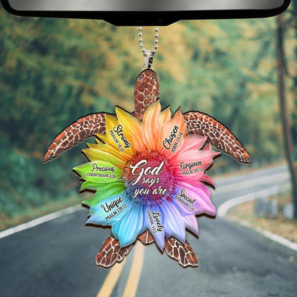Rainbow Sunflower Turtle Gods Say You Are Acrylic Car Ornament, Perfect Christmas Gift For Family, Friends