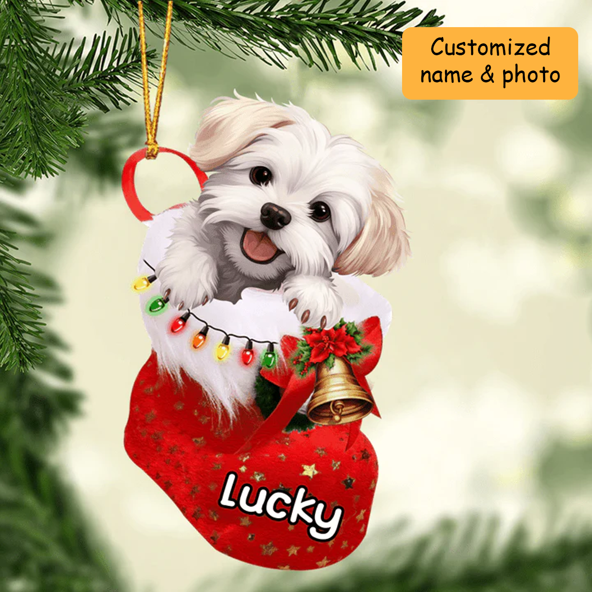Customized Maltese Dog In Christmas Stocking Acrylic Ornament, Christmas Gifts Ornament for Dog Lover