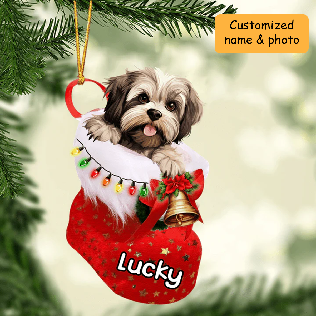 Customized Lhasa Apso Dog In Christmas Stocking Acrylic Ornament, Christmas Gifts Ornament for Dog Lover