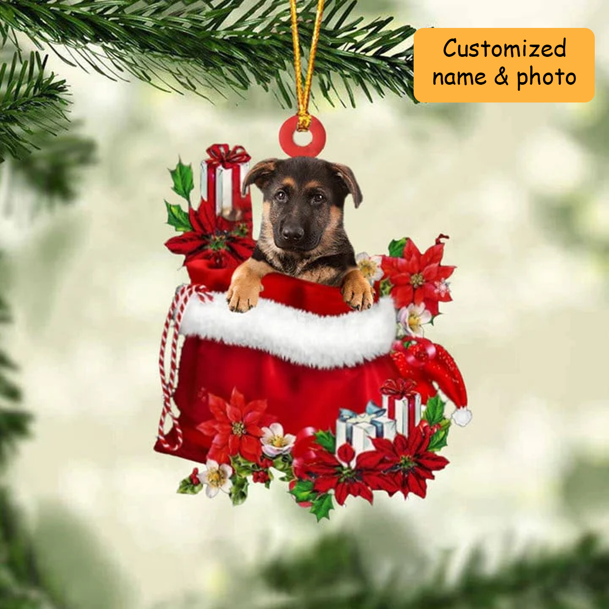 Customized German Shepherd In Red Gift Bag Acrylic Ornament, Christmas Gift For Dog Lovers, Dog Mom