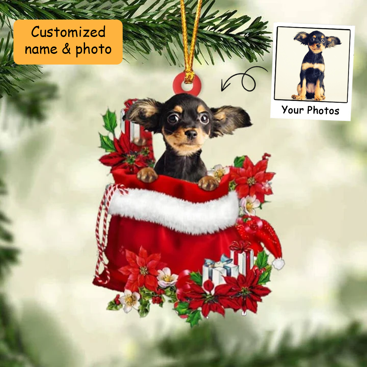 Customized Russkiy Toy Dog In Red Gift Bag Acrylic Ornament, Christmas Gift For Dog Lovers, Dog Mom