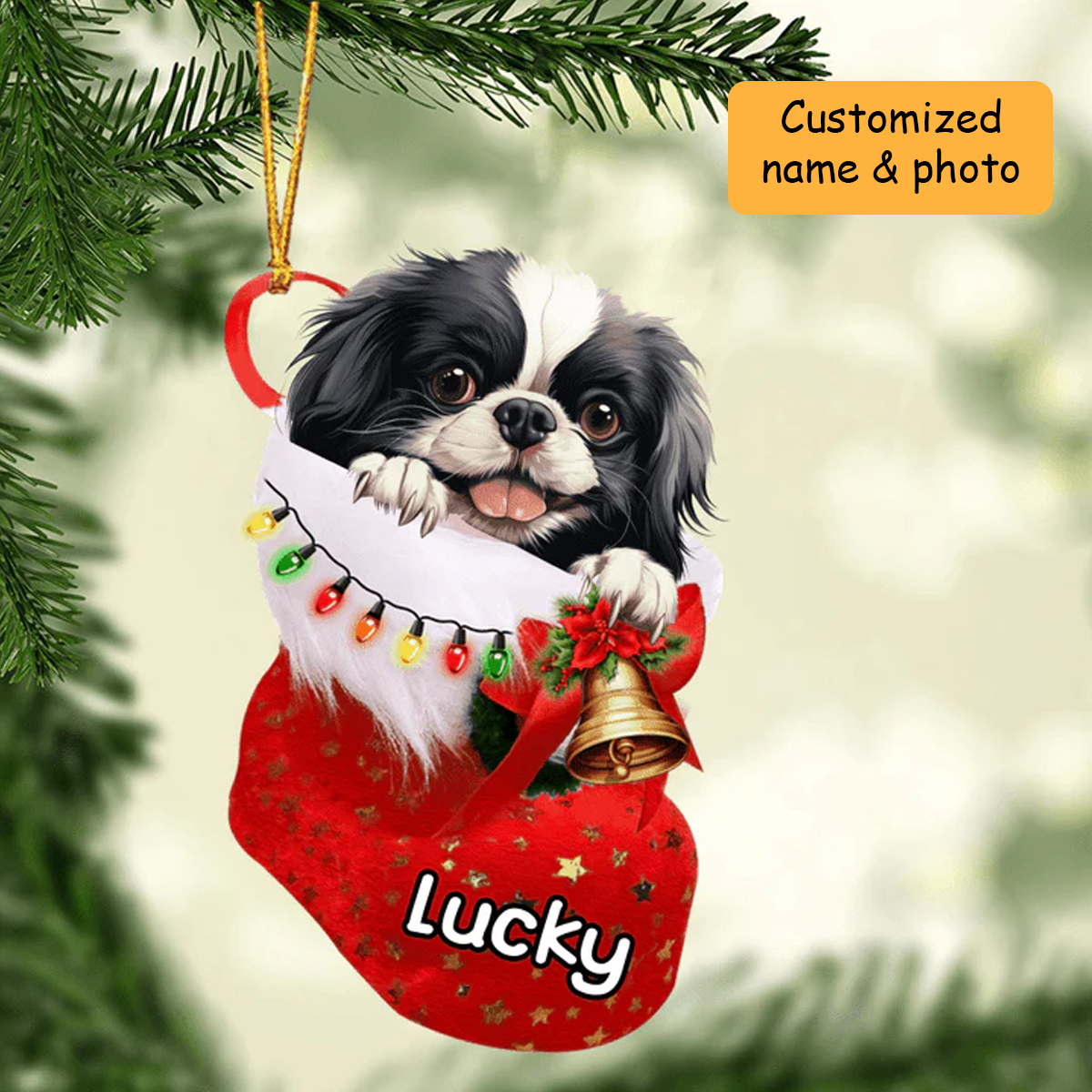Customized Japanese Chin Dog In Christmas Stocking Acrylic Ornament, Christmas Gifts Ornament for Dog Lover