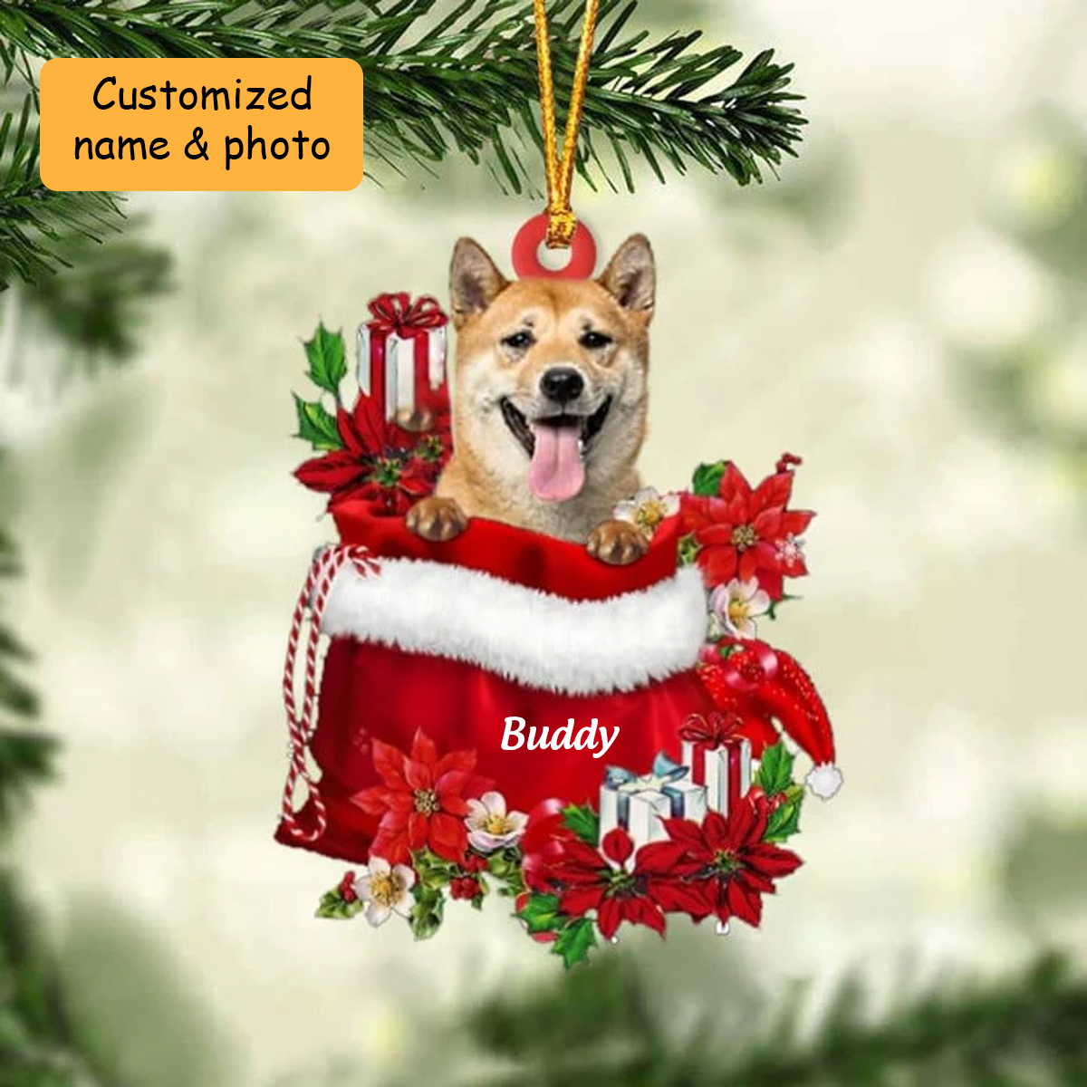 Customized Shiba Inu Dog In Red Gift Bag Acrylic Ornament, Christmas Gift For Dog Lovers, Dog Mom