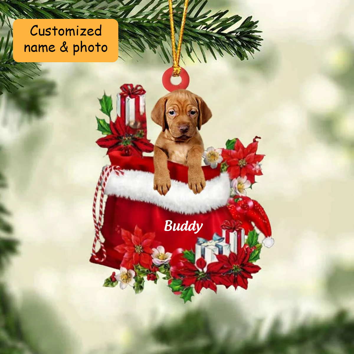 Customized Vizsla Dog In Red Gift Bag Acrylic Ornament, Christmas Gift For Dog Lovers, Dog Mom