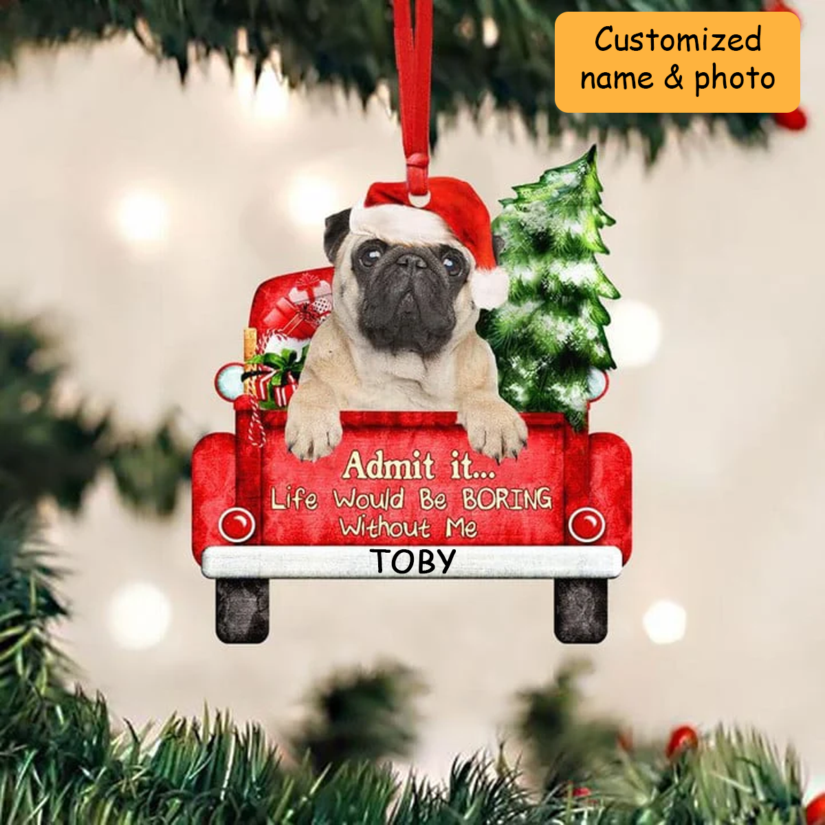 Customized Pug On The Red Truck Acrylic Christmas Ornament, Christmas Gift For Dog Lovers, Dog Owners