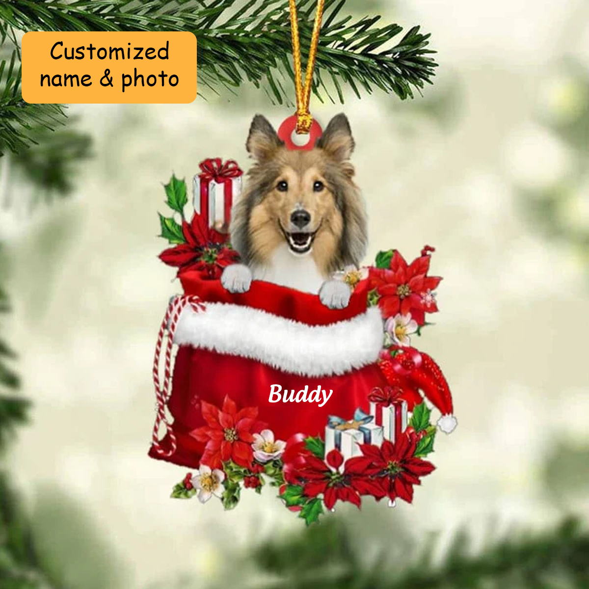 Customized Shetland Sheepdog Dog In Red Gift Bag Acrylic Ornament, Christmas Gift For Dog Lovers, Dog Mom