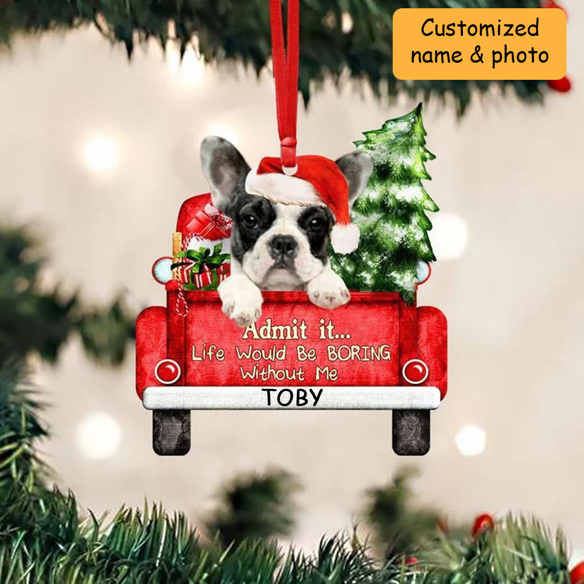 Customized French Bulldog On The Red Truck Acrylic Christmas Ornament, Christmas Gift For Dog Lovers, Dog Owners