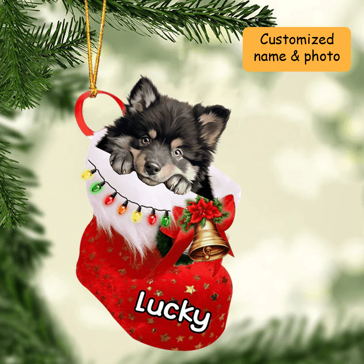 Customized Finnish Lapphund Dog In Christmas Stocking Acrylic Ornament, Christmas Gifts Ornament for Dog Lover