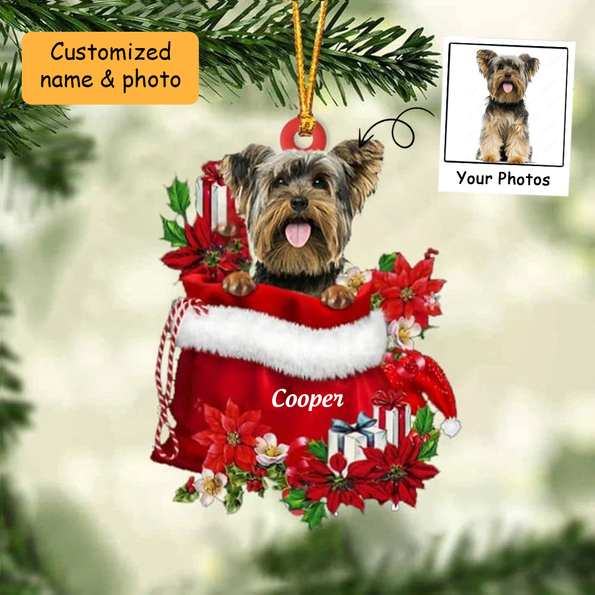 Customized Yorkshire Terrier In Red Gift Bag Acrylic Ornament, Christmas Gift For Dog Lovers, Dog Mom