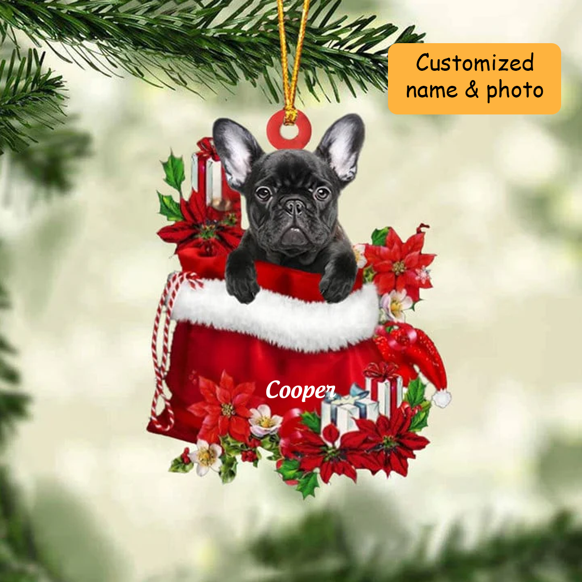 Customized French Bulldog In Red Gift Bag Acrylic Christmas Ornament, Personalized Christmas Gift For Dog Lovers, Dog Mom