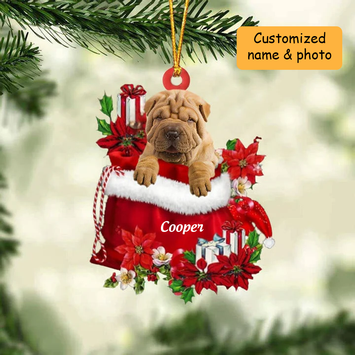 Customized Shar Pei In Red Gift Bag Acrylic Christmas Ornament, Personalized Christmas Gift For Dog Lovers, Dog Mom