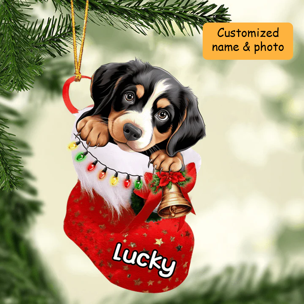 Customized Entlebucher Mountain Dog In Christmas Stocking Acrylic Ornament, Christmas Acrylic Ornament for Dog Lover