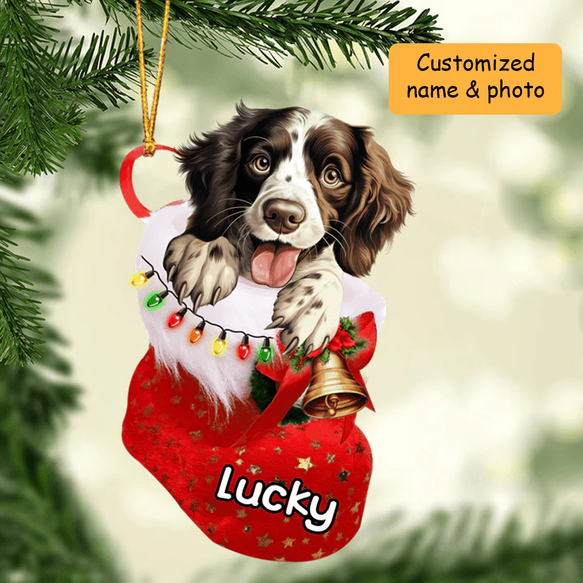 Customized English Springer Spaniel In Christmas Stocking Acrylic Ornament, Christmas Gifts Ornament for Dog Lover