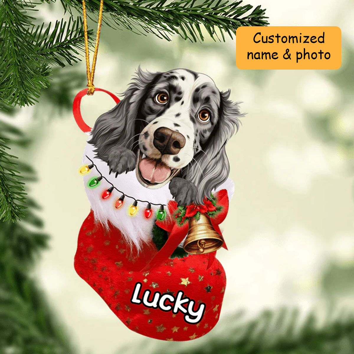Customized Awesome English Setter In Christmas Stocking Acrylic Ornament, Christmas Gifts Ornament for Dog Lover