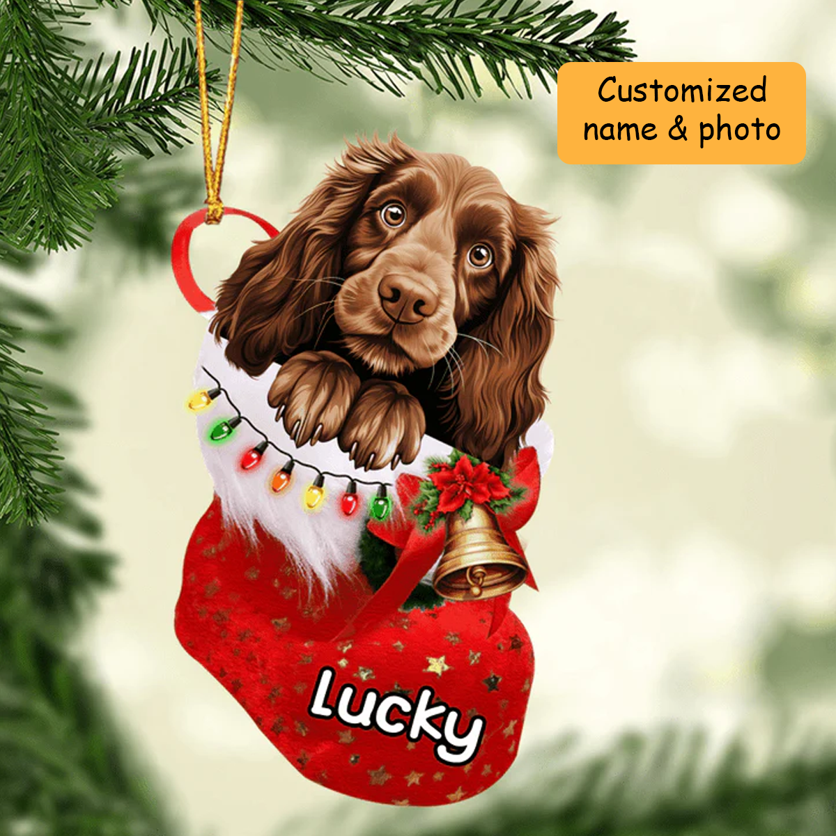 Customized Field Spaniel Dog In Christmas Stocking Acrylic Ornament, Christmas Gifts Ornament for Dog Lover
