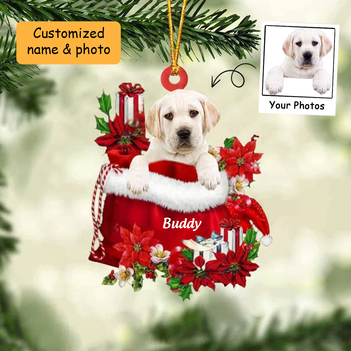 Customized Labrador Retriever In Red Gift Bag Acrylic Christmas Ornament, Personalized Christmas Gift For Dog Lovers, Dog Mom