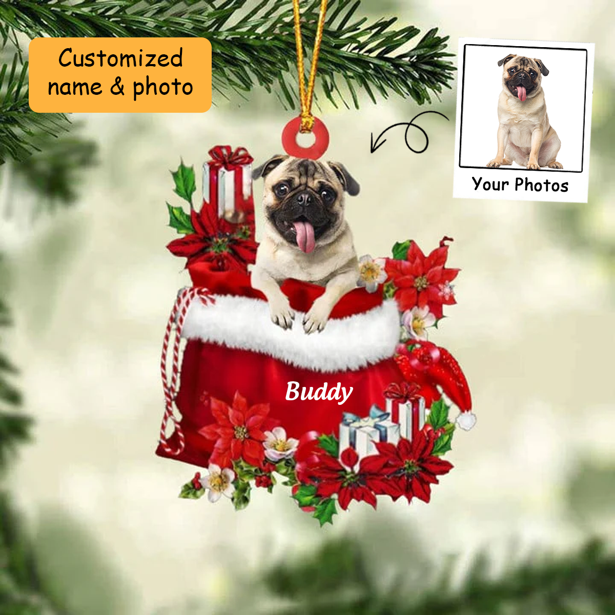 Customized Pug Dog In Red Gift Bag Acrylic Ornament, Personalized Christmas Gift For Dog Lovers, Dog Mom