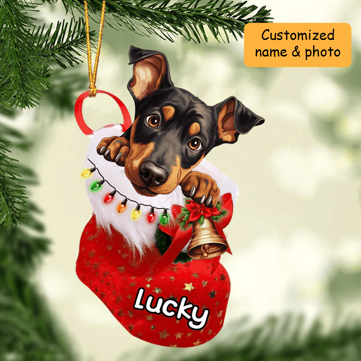 Customized Awesome Doberman Pinscher In Christmas Stocking Acrylic Ornament, Christmas Gifts Ornament for Dog Lover