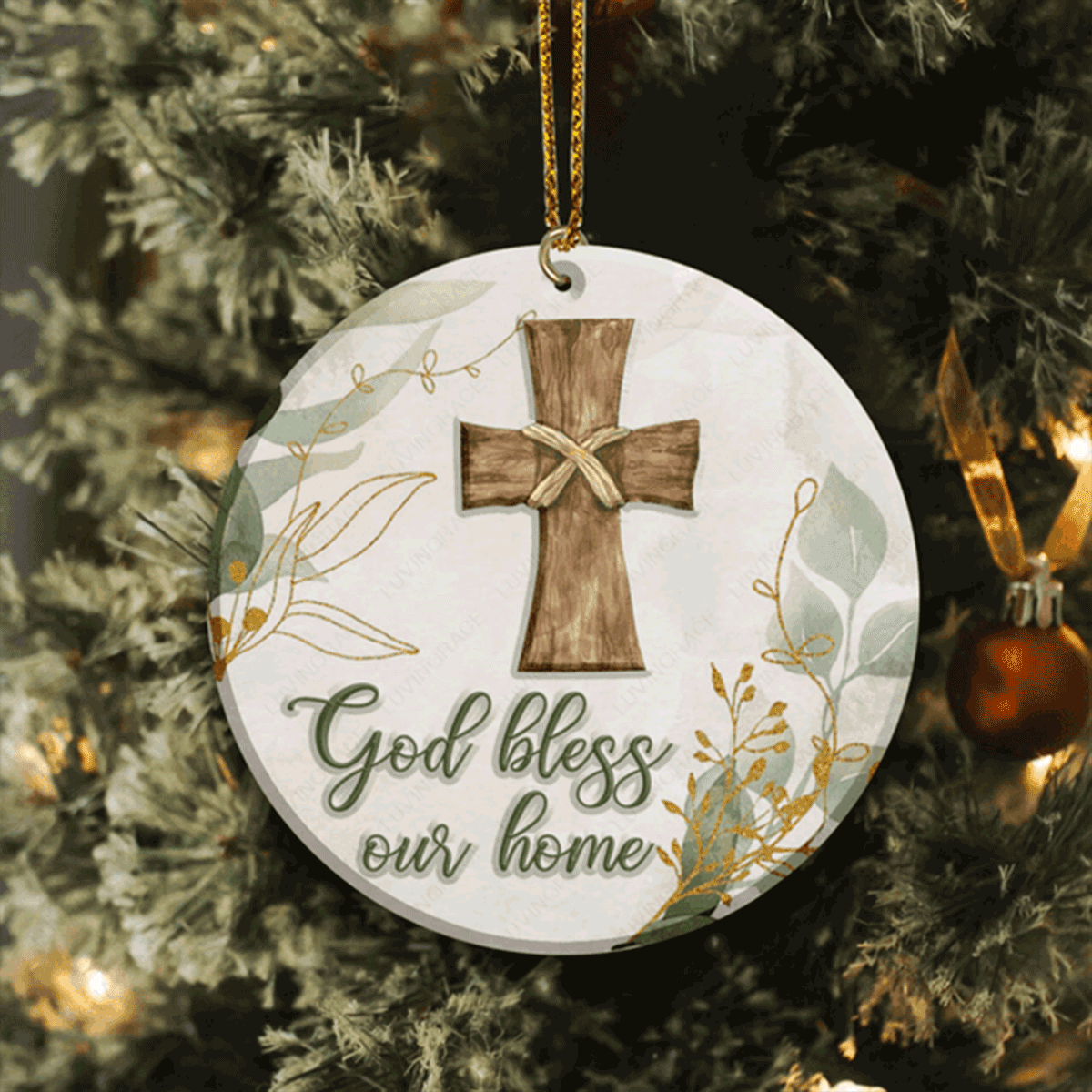 Vintage Christmas Floral Cross God Bless Acrylic Ornament For Christian, God Faith Believers, Christmas Holiday Decor