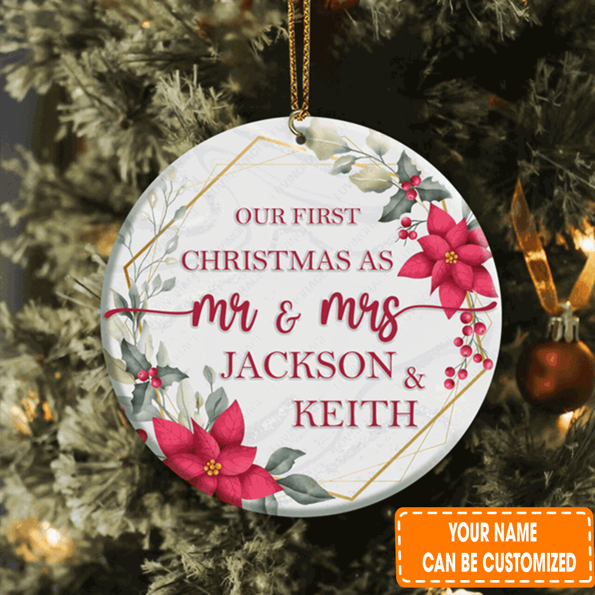 Personalized Poinsettia Floral Golden Frame Our First Christmas Circle Ceramic Ornament For 1st Christmas Couple