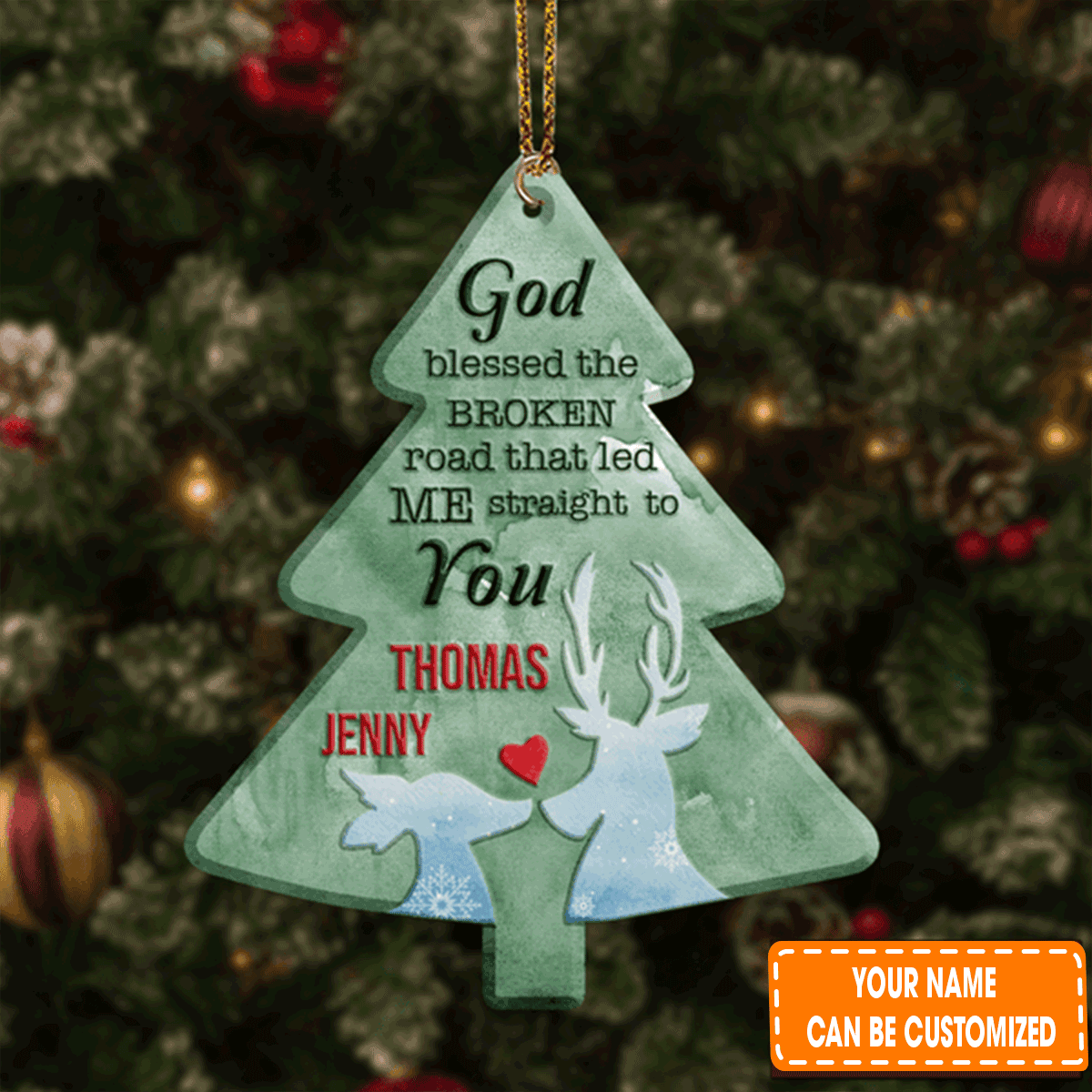 Personalized Christmas Green Pine Reindeer Couple God Blessed Acrylic Ornament For Couple