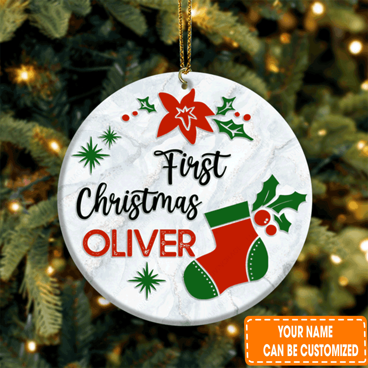 Personalized First Christmas Sock Poinsettia Floral Circle Ceramic Ornament For 1st Christmas Daughter, Son