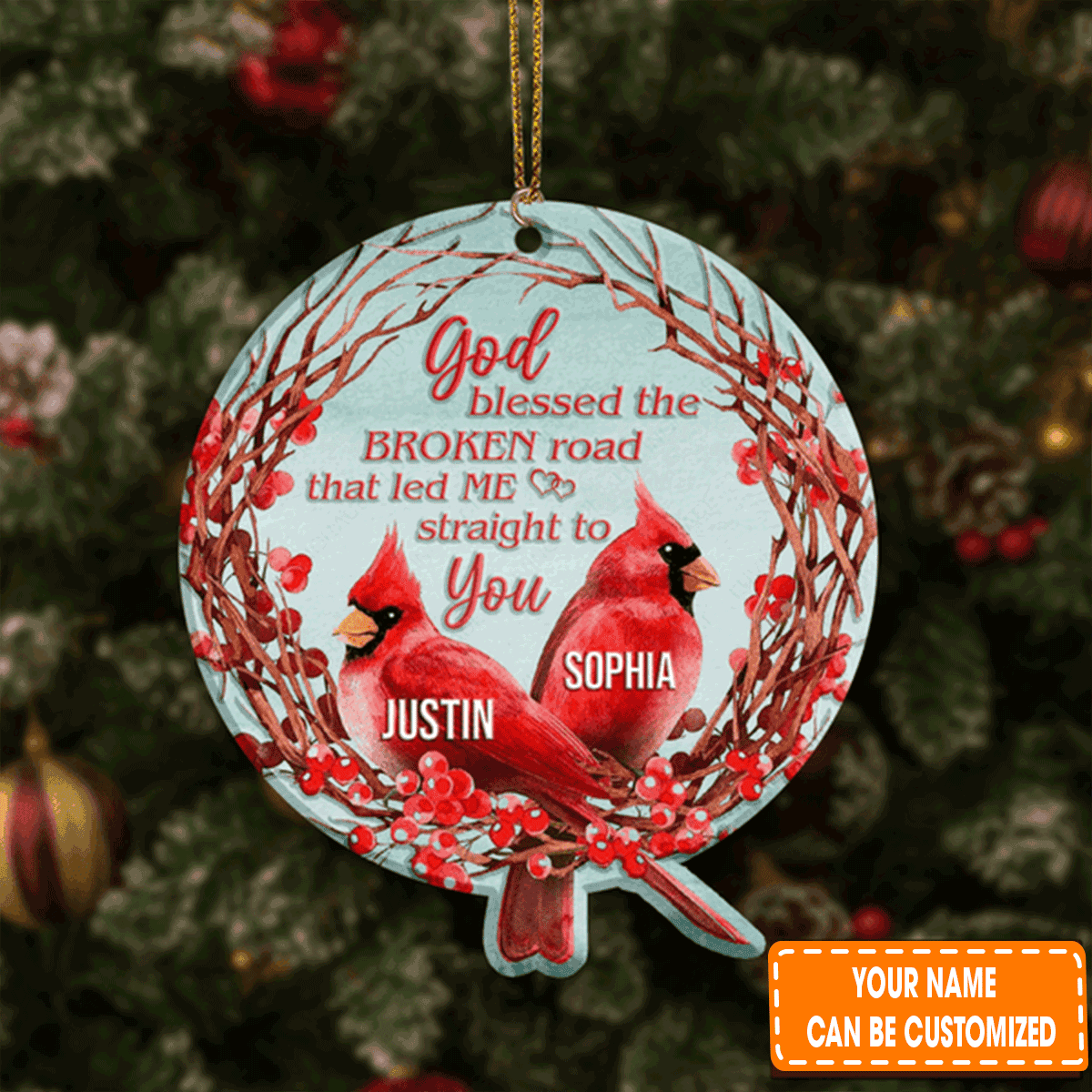 Personalized Christmas Floral Cardinal Couple God Blessed Acrylic Ornament For Christian, Holiday Decor