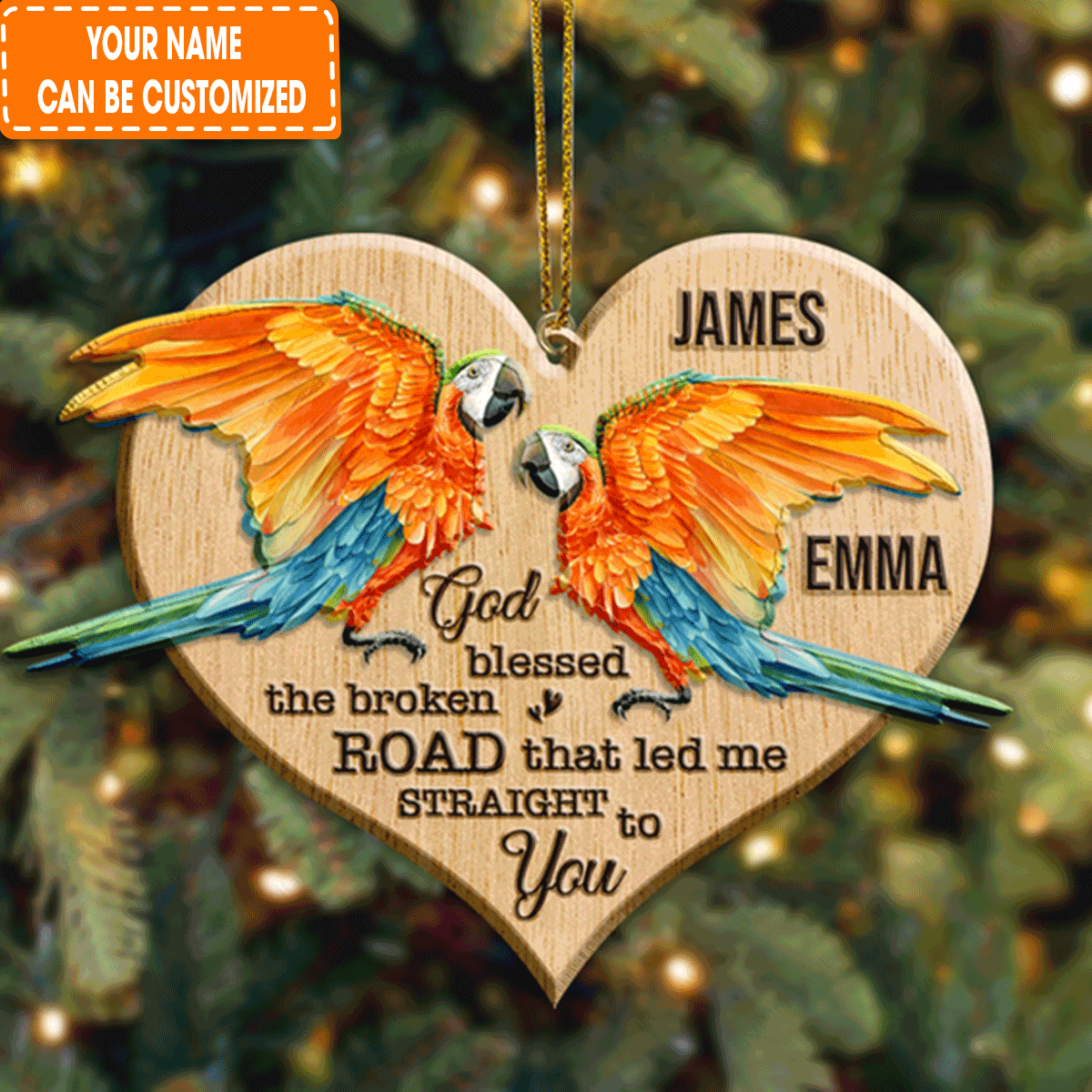 Custom Jesus Acrylic Ornament, Personalized Parrot Couple God Blessed Wood Engraved Acrylic Ornament For Christian