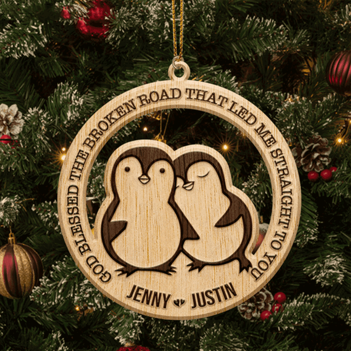 Personalized Penguin Couple God Blessed Personalized Wood Engraved Acrylic Ornament For Christian