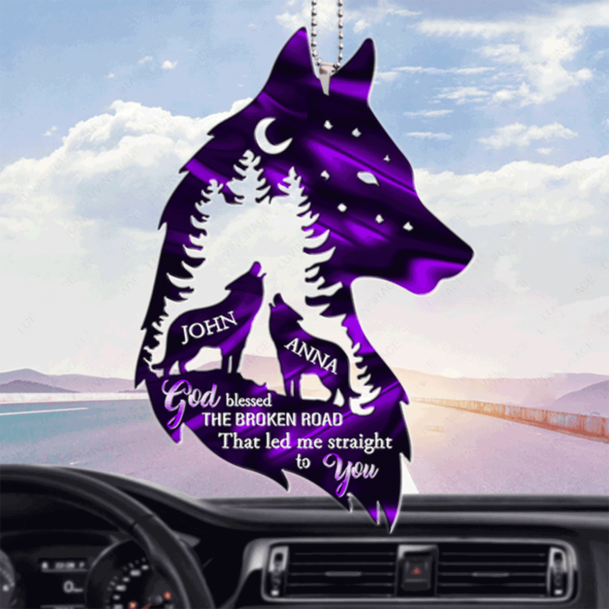 Custom Name Wolf Couple In Forest God Blessed Acrylic Car Ornament, Christmas Gift For Couple