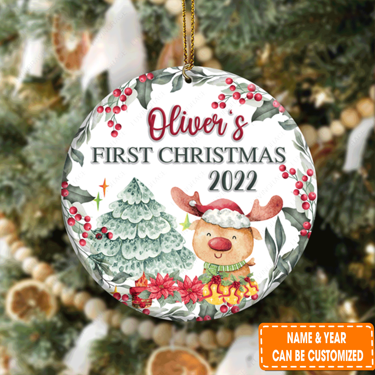 Personalized First Christmas Lovely Reindeer Pine Floral Circle Ceramic Ornament For 1st Christmas Family Decor