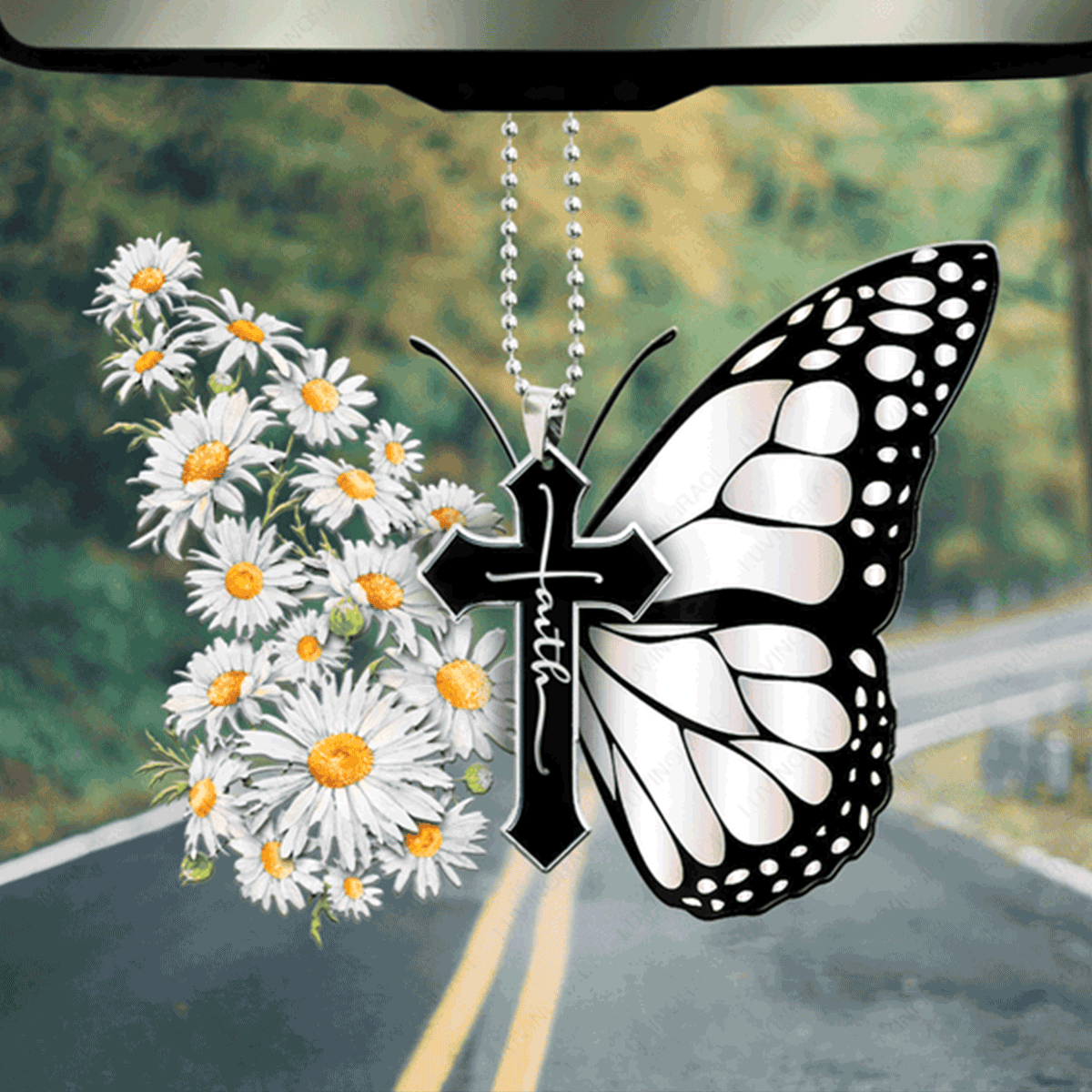 Daisy Butterfly Faith Cross Acrylic Car Ornament, Perfect Christmas Gift For Family, Friend