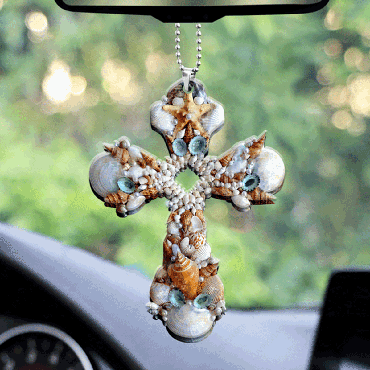 Seashells Cross Acrylic Car Ornament, Perfect Christmas Gift For Family, Friend