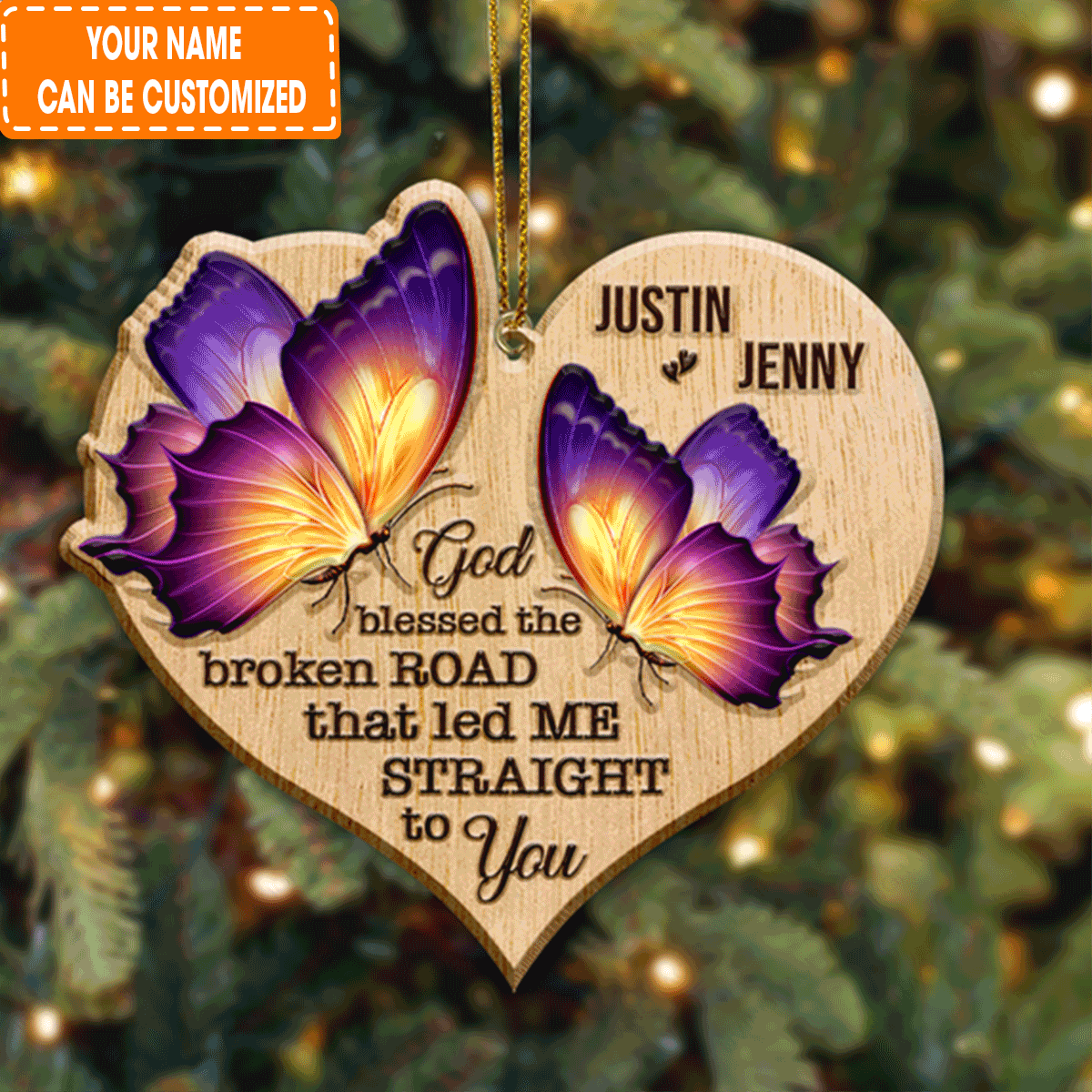 Personalized Heart Butterfly Couple God Blessed Acrylic Ornament For Couple, Christmas Holiday Decor