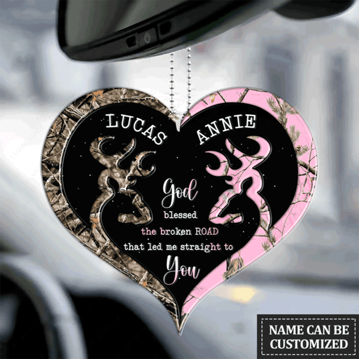 Personalized Couple Camo Heart Buck And Doe God Blessed Acrylic Car Ornament, Perfect Christmas Gift For Couple