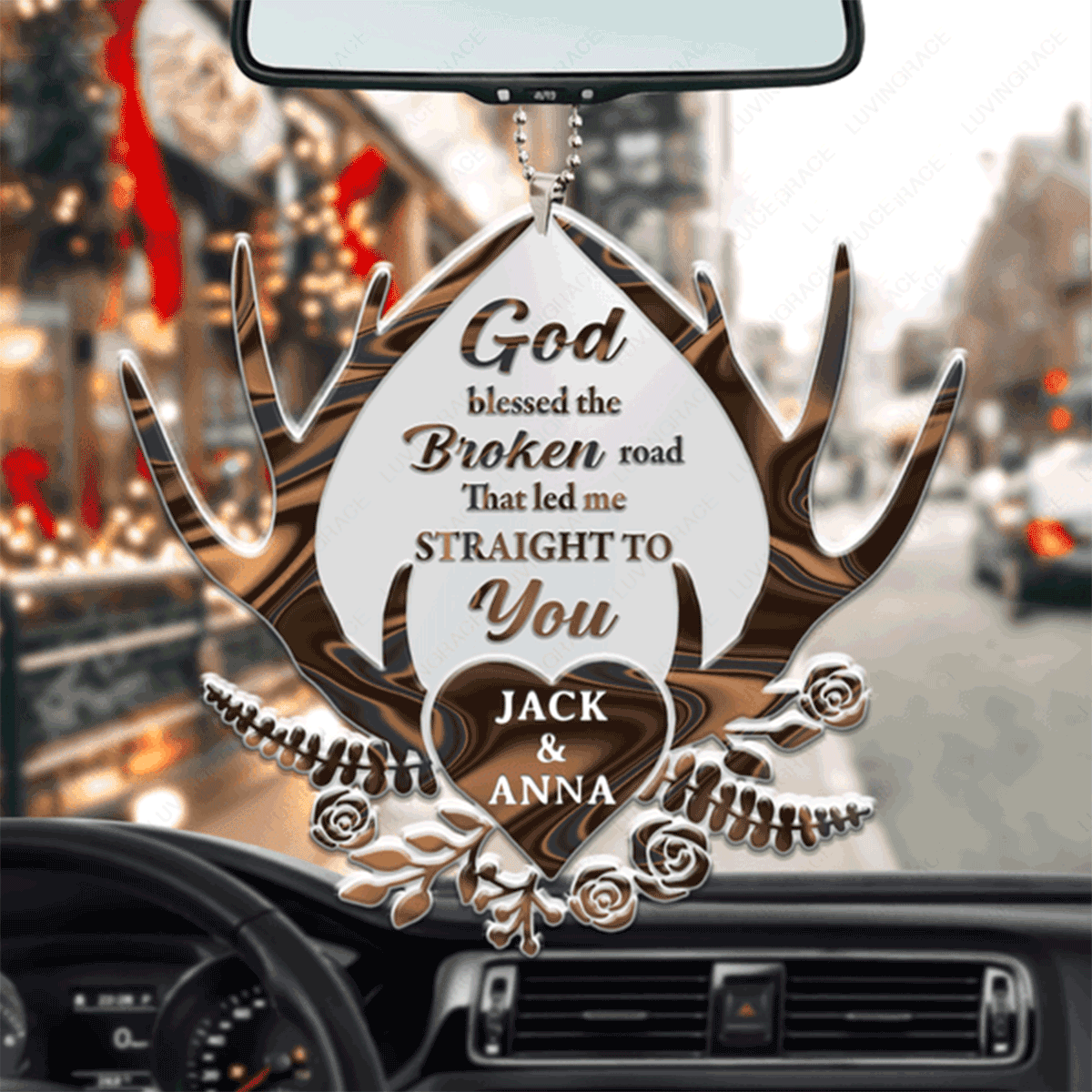 Personalized Deer Antler With Heart God Blessed Acrylic Car Ornament, Perfect Christmas Gift For Couple