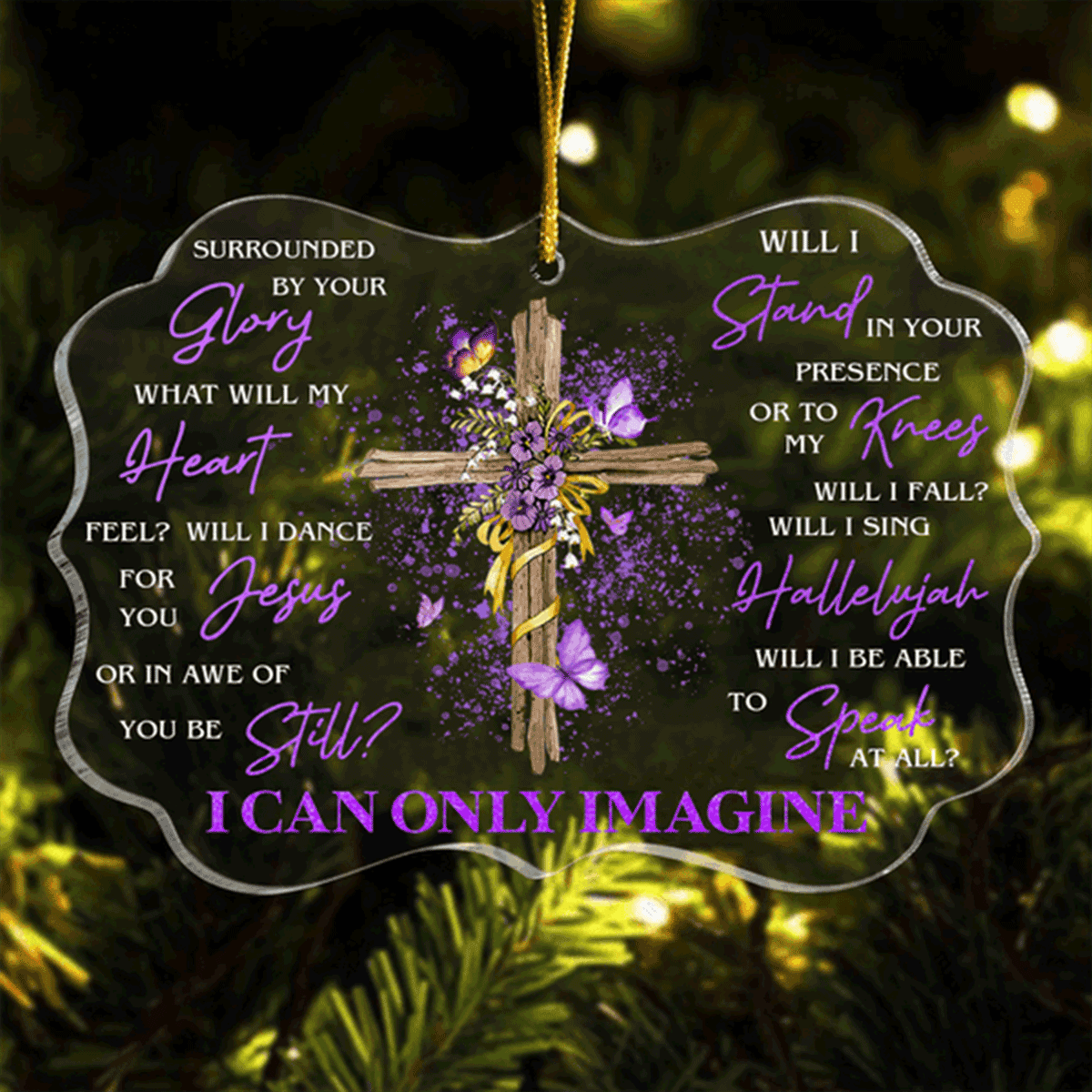 Purple Flower Cross And Butterfly Surrounded By Your Glory Acrylic Ornament, Perfect Christmas Gift For Family, Friends