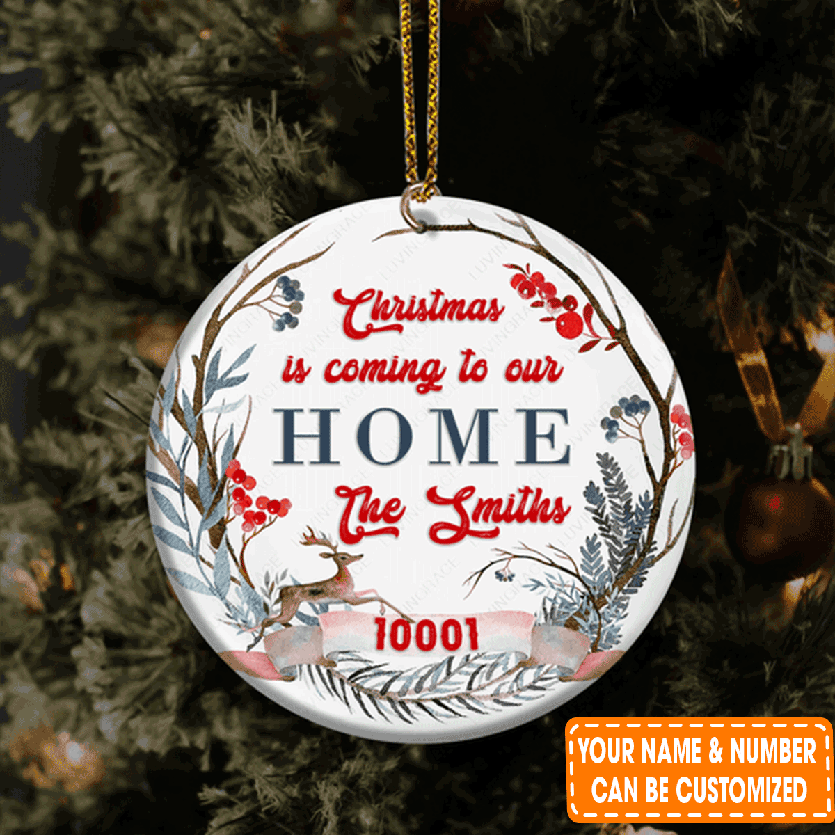 Personalized Forest Floral Frame Deer Christmas Is Coming To Our Home Circle Ceramic Ornament For Family