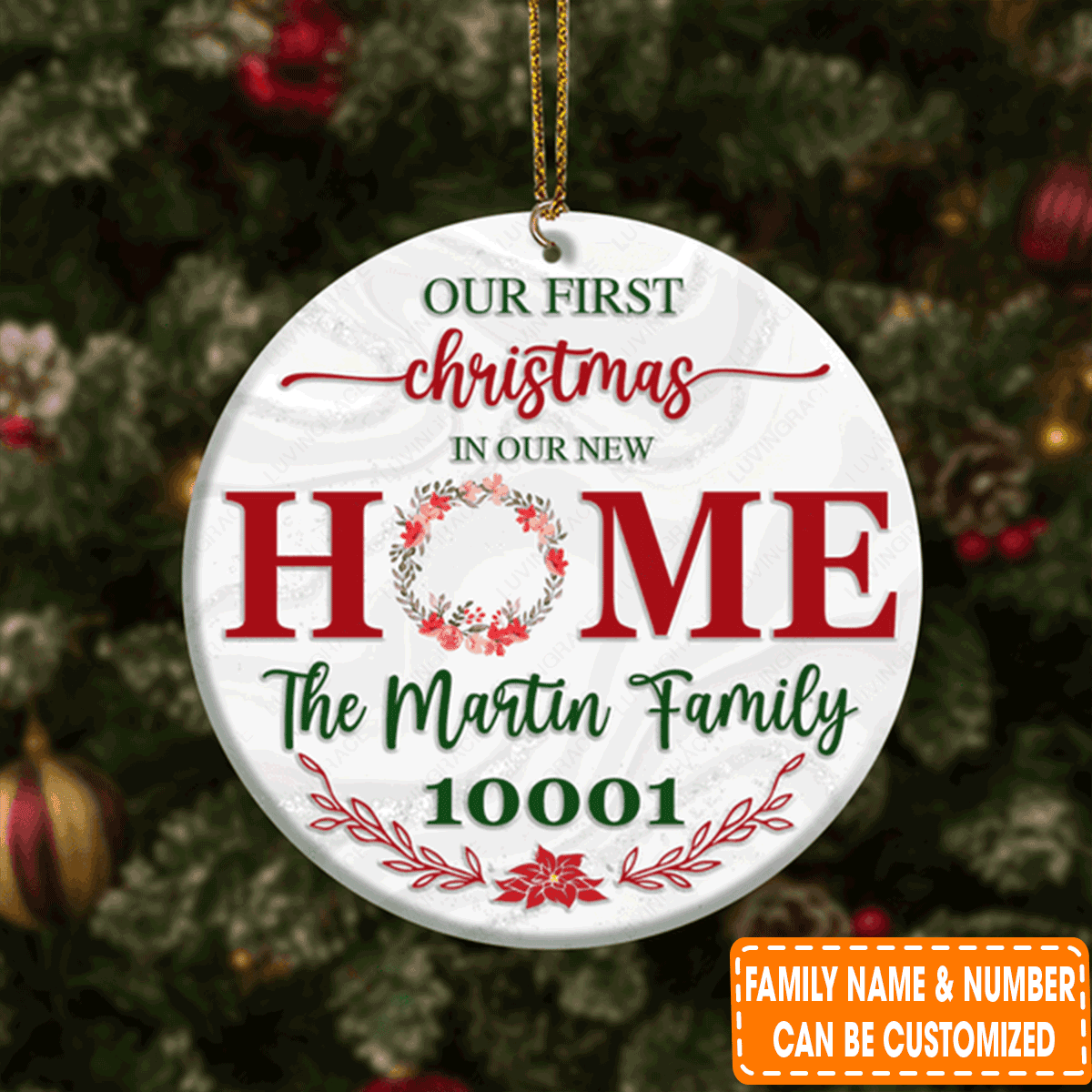 Personalized Red Floral First Christmas In Our New Home Circle Ceramic Ornament For 1st Family Christmas Decor