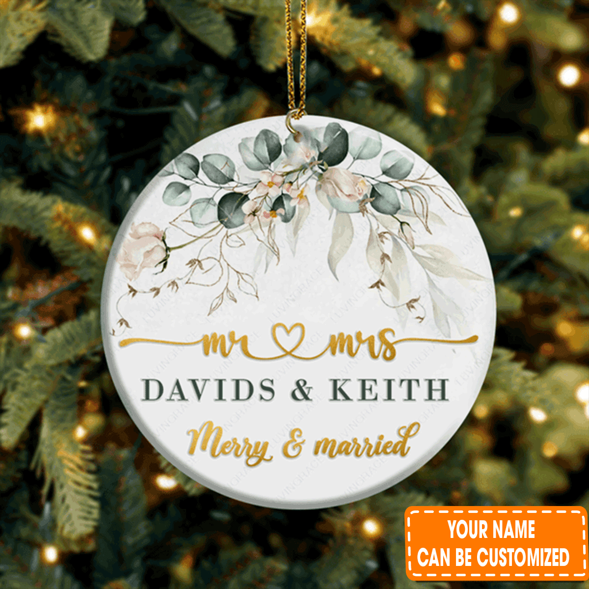 Personalized Christmas Vintage Golden Floral Frame Merry And Married Circle Ceramic Ornament For Couple