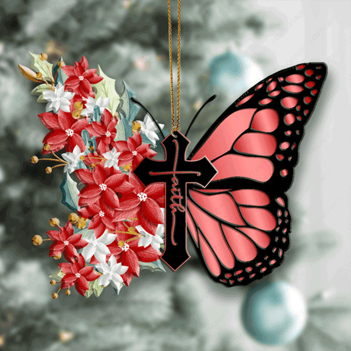 Christmas Floral Cross Faith Butterfly God Christian Lover Acrylic Ornament For Christian, God Faith Believers
