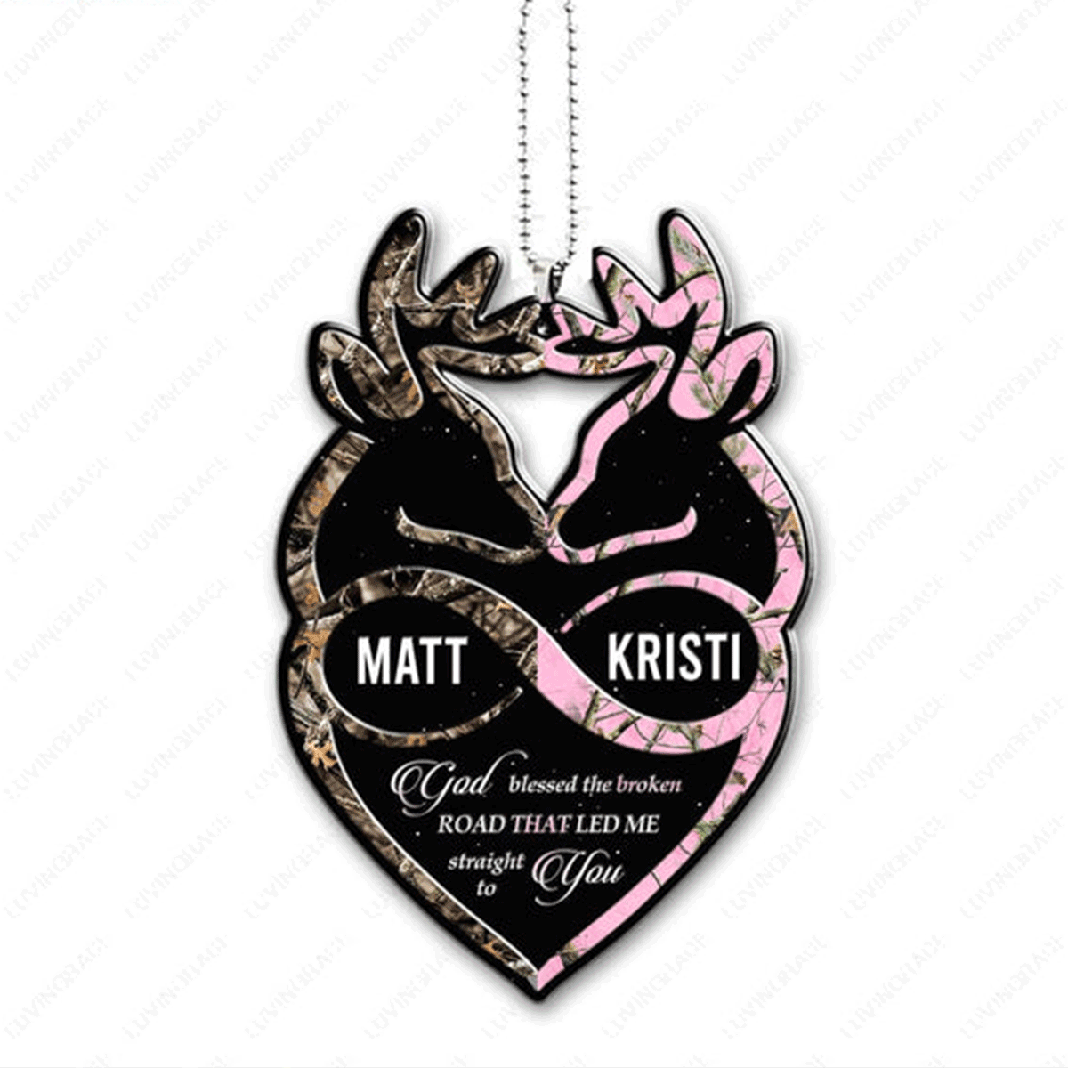 Customized Name Buck And Doe Infinity Heart God Blessed Acrylic Car Ornament, Christmas Gift For Couple