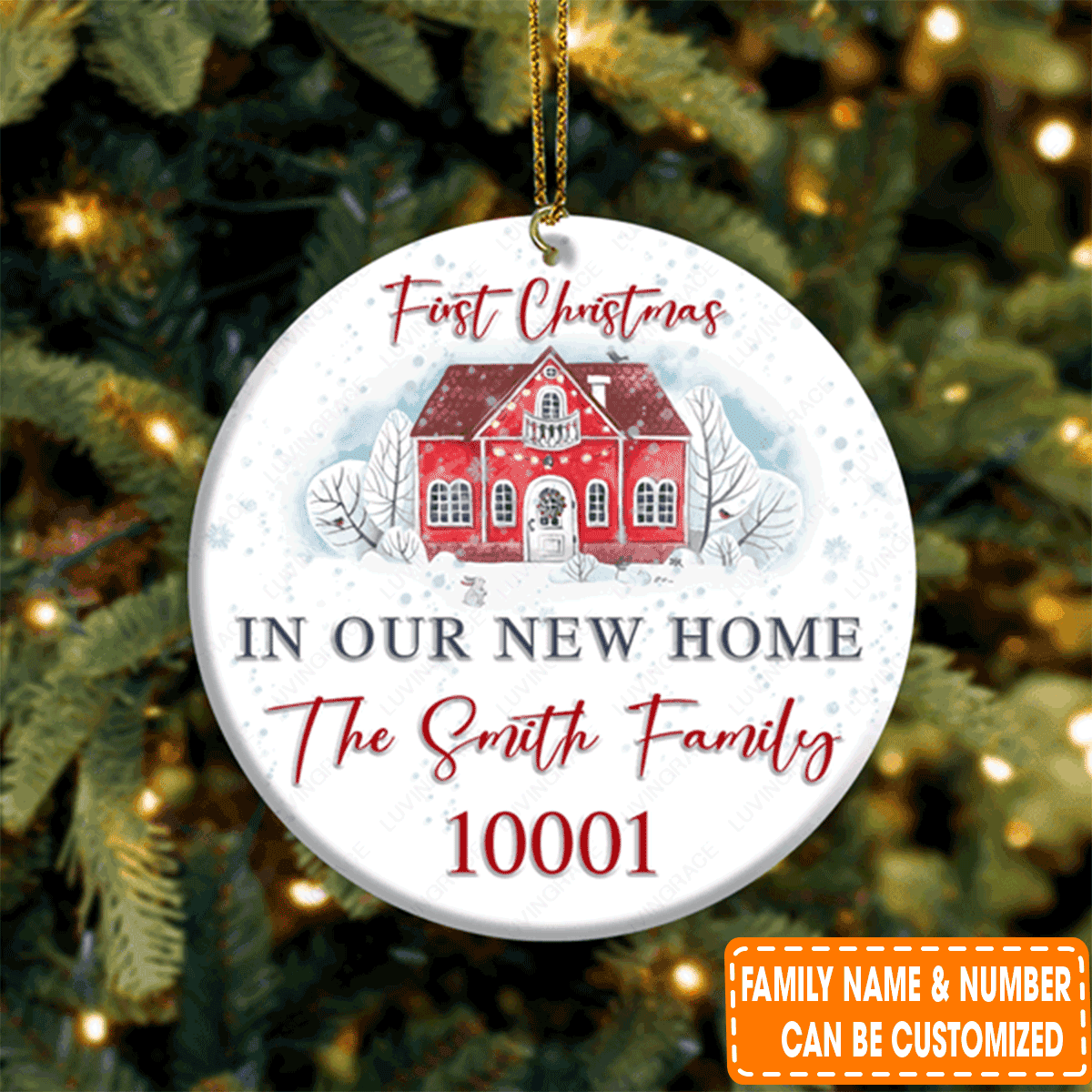 Personalized Vintage Red House First Christmas Circle Ceramic Ornament For Family