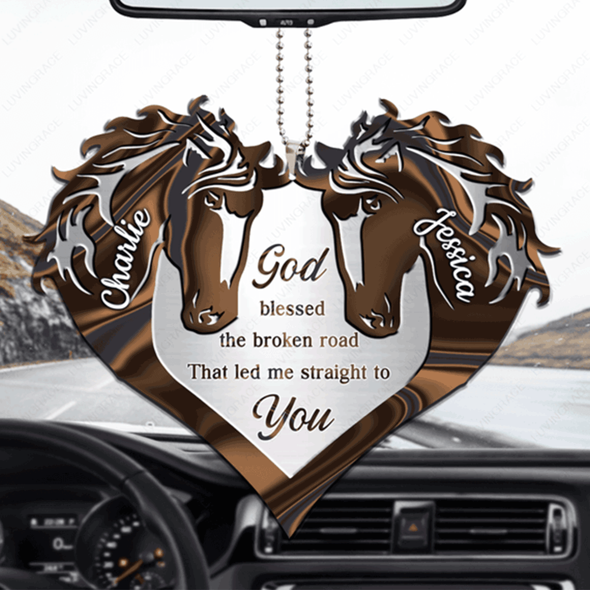 Customized Name Couple Horse Heart God Blessed Acrylic Car Ornament, Christmas Gift For Couple