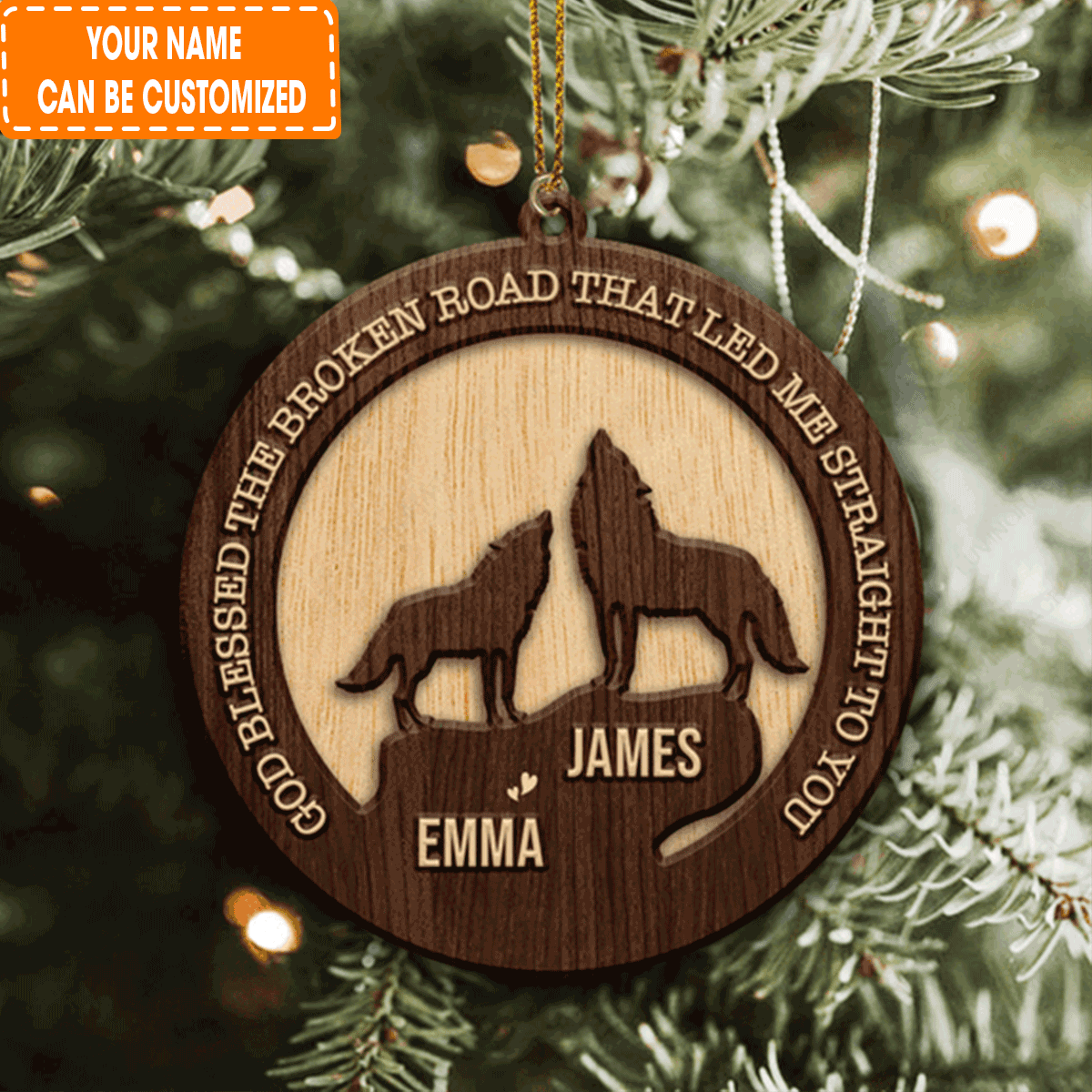 Personalized Wild Love Wolf Couple In Moon Night God Blessed Acrylic Ornament For Christian, Holiday Decor