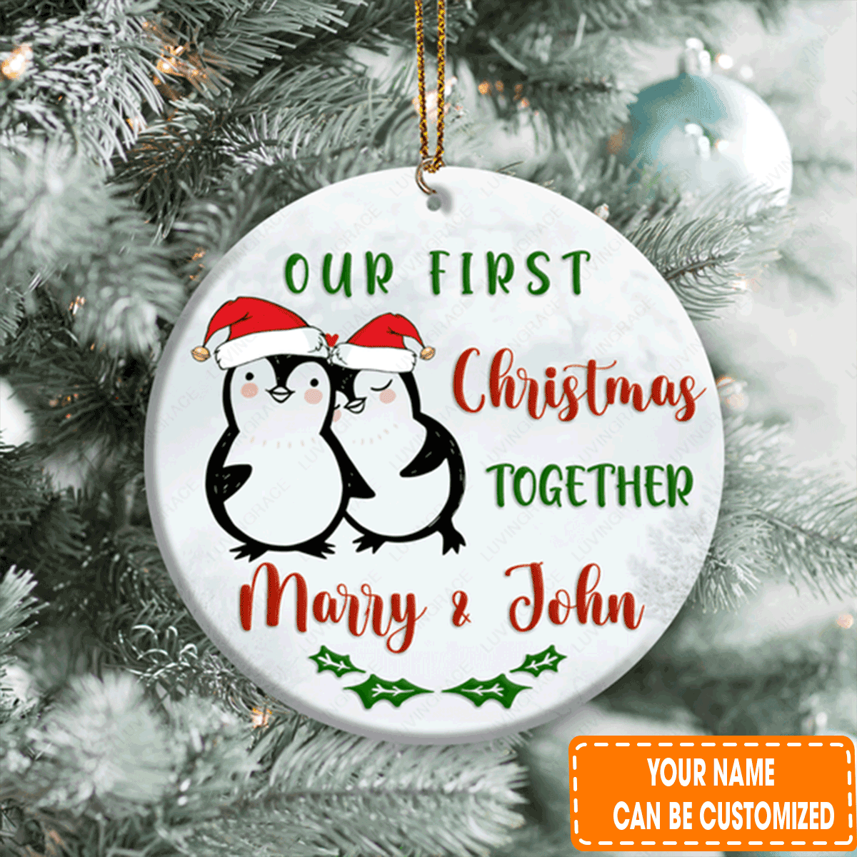 Personalized First Christmas Penguin Couple Circle Ceramic Ornament For Christian, Holiday Decor