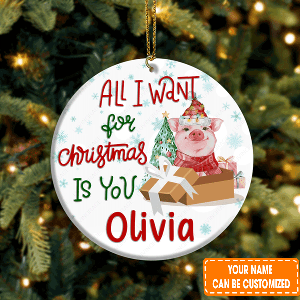 Personalized Little Baby Pig In Gift Box Christmas Circle Ceramic Ornament For Son, Grandson, Daughter
