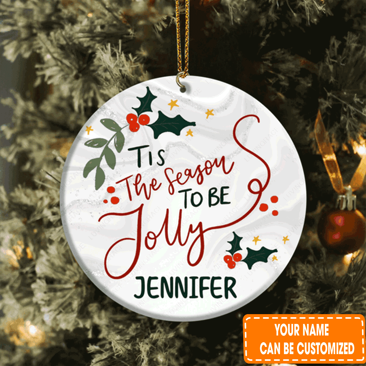 Personalized Christmas Floral Tis The Season To Be Jolly Circle Ceramic Ornament For Family, Friends